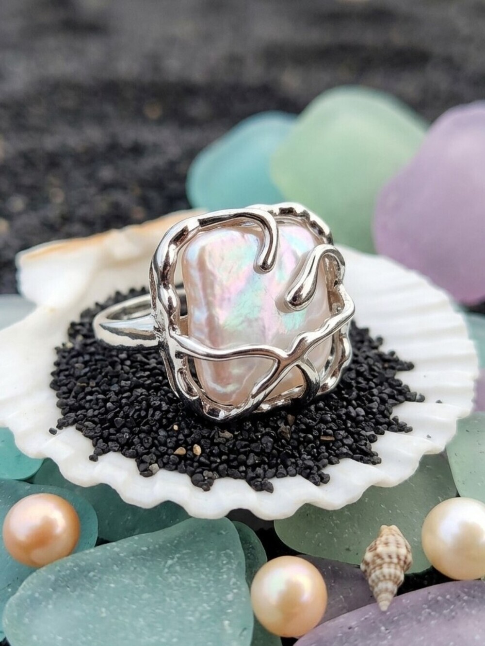 Faux Baroque Pearl Statement Ring Silver Sculptural Adjustable Mermaidcore 6-9